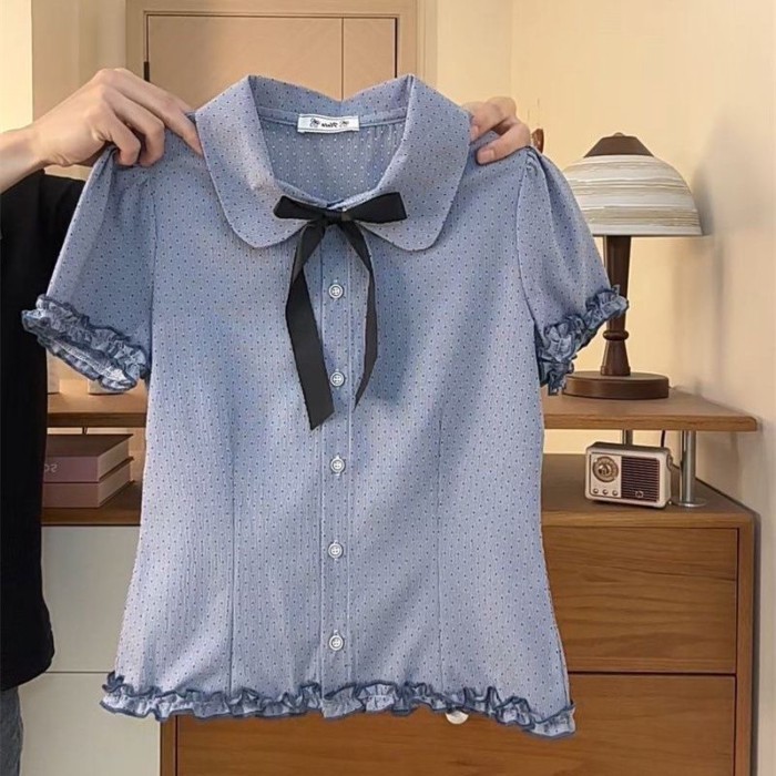 Thiết Kế Chấm Bi Búp Bê Cổ Tay Phồng Áo Sơ Mi Tay Ngắn Dành Cho Nữ Nấm Ren Viền Giảm Béo