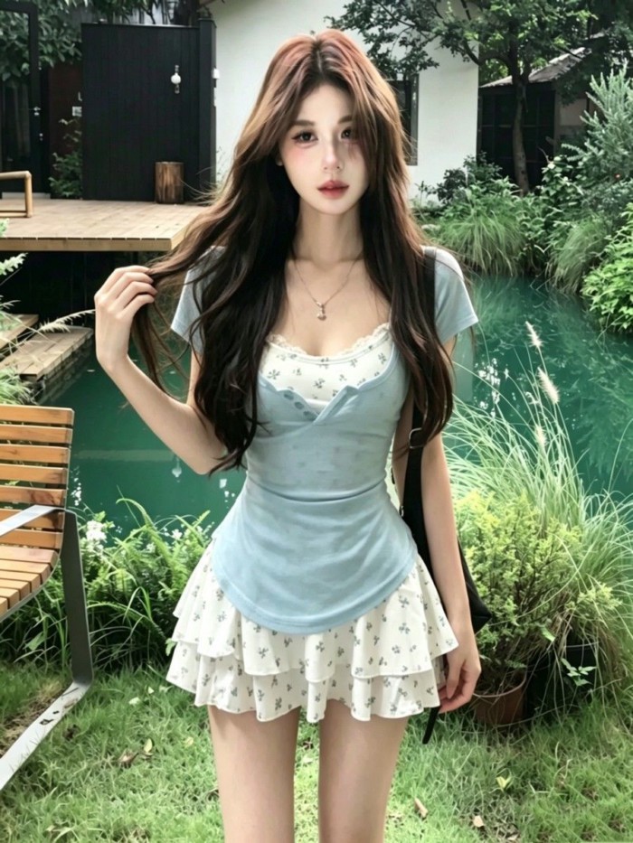 Tươi Mát Và Tinh Khiết Desire Slim Ngắn Tay Áo Hoa Suspender Bánh Đầm Nữ Mùa Hè Slim Hot Girl
