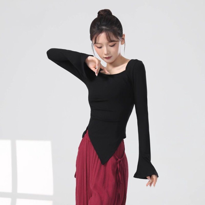 kiểu quần áo múa cổ điển mới, áo dài tay nhảy hiện đại, quần áo tập body màu đen, quần áo tập mú