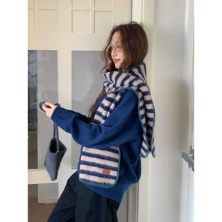 Have u desgin Len Đỏ Sọc Khăn Dệt Kim Mùa Đông Phiên Bản Hàn Quốc Cao Cấp Mềm Waxy Khăn Thời Trang Sinh Viên Bảo Vệ Cổ Trang Trí