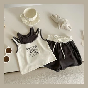 Quần áo trẻ em Hàn Quốc bé gái Bộ đồ thường ngày Hàn Quốc giả hai mảnh mèo KT vest quần short