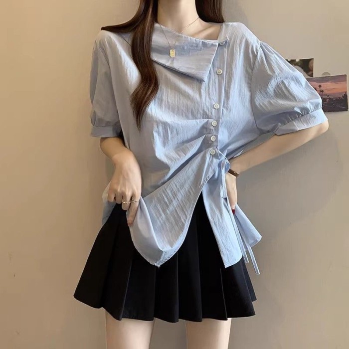 Lan ~ Áo Sơ Mi Tay Ngắn Không Đều Pháp Mùa Hè Mỏng Hơn Nhìn Mới Hàng Đầu Thiết Kế Thời Trang Phối Ren Bong Bóng Eo hẹp