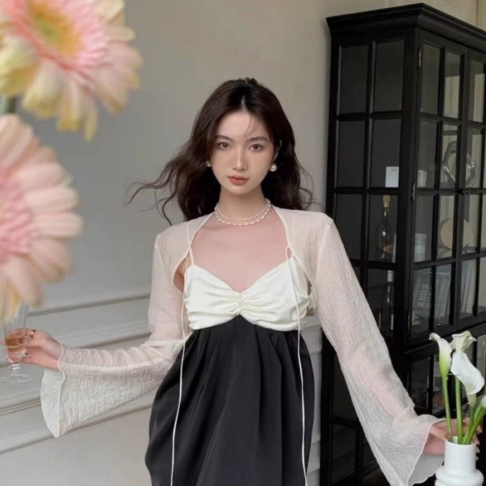 Áo cardigan voan chống nắng cho nữ mùa hè với váy hai dây và khăn choàng nhỏ áo jacket mỏng