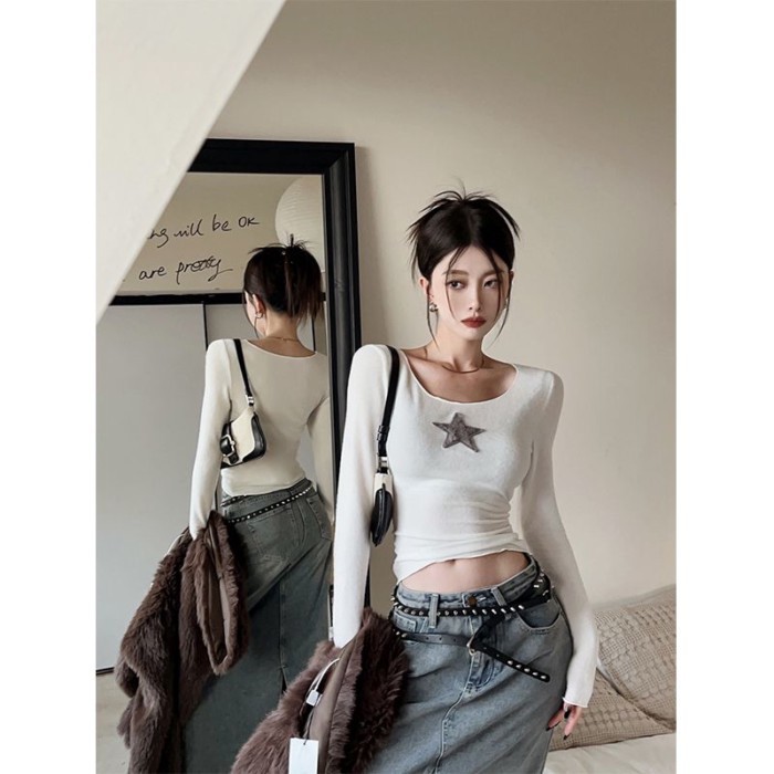 áo thun nữ mùa xuân thu mới phiên bản Hàn Quốc Pure Desire Star mặc bên trong ngắn hot girl áo đ