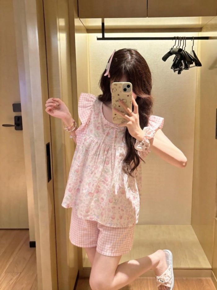 Bộ Đồ Ngủ Nữ Tay Feifei Dễ Thương Cho Nữ Mùa Hè Mỏng Và Ngọt Ngào Nữ Tính Feifei Tay Quần Short Kẻ