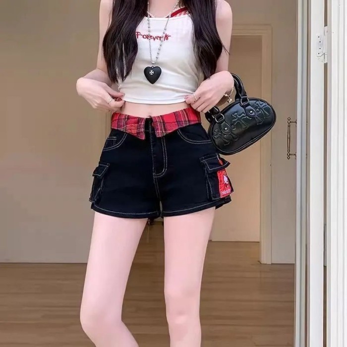 Quần short denim thêu mèo kt y2k của Mỹ dành cho nữ mùa hè cay ngọt, thon gọn mông
