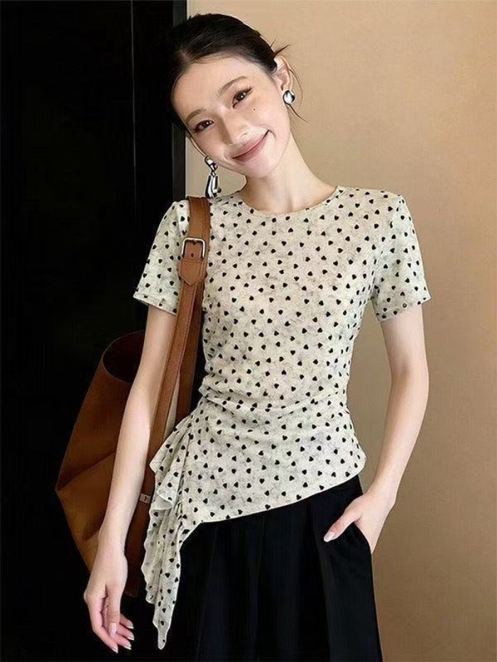 Áo thun lưới ngắn tay in hình tình yêu bất thường dành cho nữ mùa hè thời trang mới dáng ôm v
