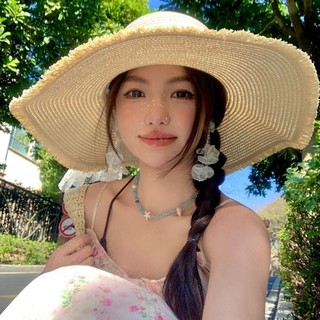 Ren Nơ Vành Rộng Đi Biển Mũ Rơm Cho Nữ Mùa Hè Mới Đi Biển Tấm Che Nắng Mũ Chống Nắng Hợp Thời