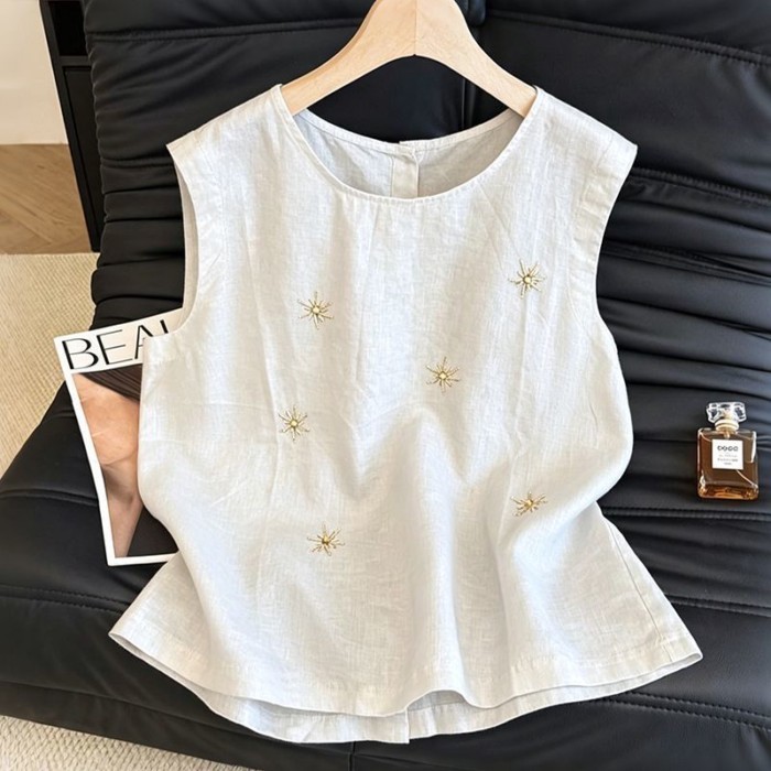Mùa hè đi làm công nghiệp nặng áo vest không tay bằng vải cotton và lanh thêu dành cho nữ mùa săn v