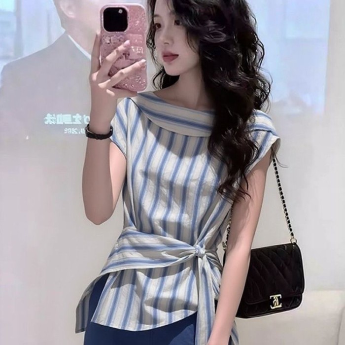 Lan ~ Mùa hè Phong cách mới Thời trang sọc buộc dây eo hẹp mỏng hơn Nhìn tất cả @ -