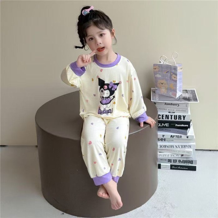 bộ đồ ngủ trẻ em xuân thu quần áo nhà mới hoạt hình Kurome chấm bi dài tay bộ đồ