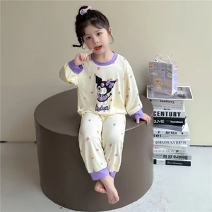 bộ đồ ngủ trẻ em xuân thu quần áo nhà mới hoạt hình Kurome chấm bi dài tay bộ đồ