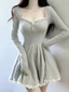 Xám Hot Girl Dài Tay Nữ Thu Đông Ren Ngọt Ngào Nhỏ Tính Khí Eo Váy Chữ A