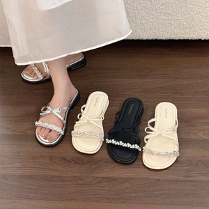 Dép xỏ ngón thời trang phong cách cổ tích nơ đính kim cương giả nữ đế nêm chống trượt dép và
