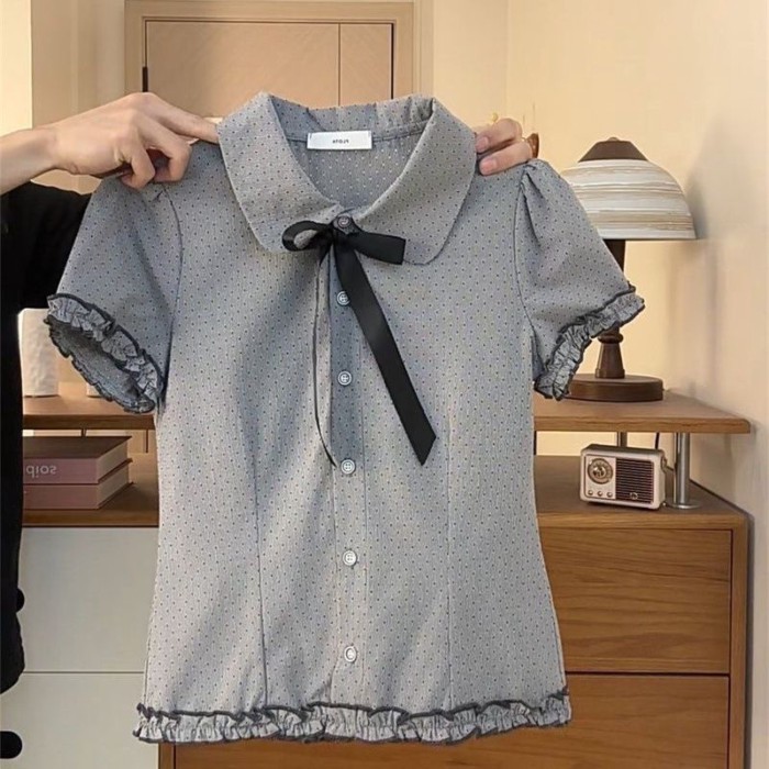 Thiết Kế Chấm Bi Búp Bê Cổ Tay Phồng Áo Sơ Mi Tay Ngắn Dành Cho Nữ Nấm Ren Viền Giảm Béo