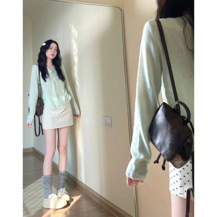 Bộ đồ váy trắng chấm bi cho nữ, bộ đồ đầu xuân đẹp, bộ váy ngắn ôm hông chữ A cực đẹp