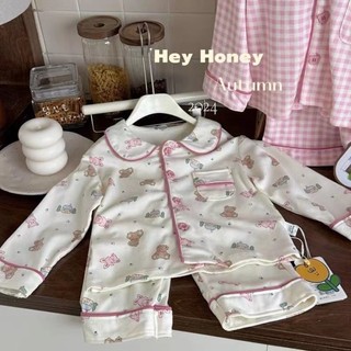 Bộ Đồ Ngủ Bé Gái Mùa Thu Đông Mới Kẻ Sọc Hồng Hello Kitty Home Quần Áo Ngực Đơn Nhung Mỏng Hello
