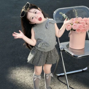 Bộ Đồ Bé Gái Mùa Hè Mới Áo Nơ Trẻ Em Top Bé Phong Cách Váy Kẻ Sọc Bộ 2 Món