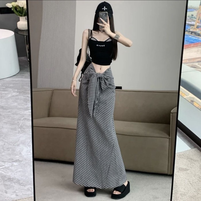 Váy dài kẻ sọc thắt lưng kiểu Pháp dài mùa hè khí chất mới váy dài