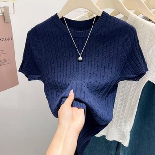 Áo len vai phải cơ bản đa năng áo thun ngắn tay nữ băng lụa mỏng mùa hè kiểu dáng mới dáng ôm