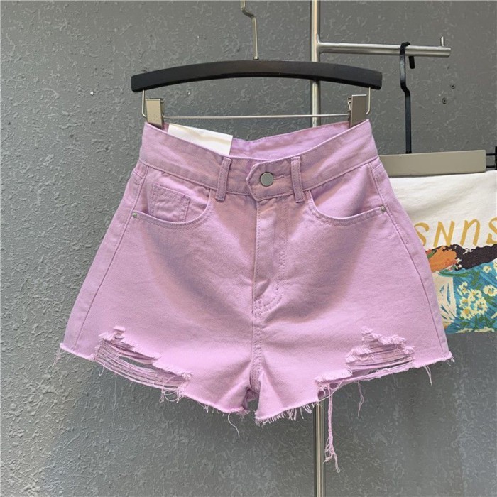 Mới kẹo tím retro cạp cao giảm béo quần ống rộng rách thô viền quần short denim
