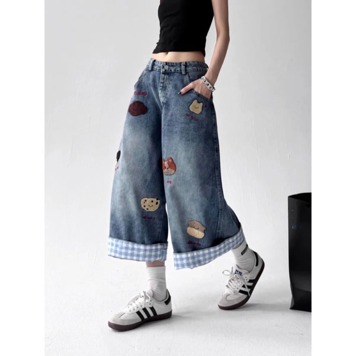 Phong Cách Mỹ Rửa Sạch Đau Khổ Cún Con Thêu Quần Short Denim Nữ Mùa Hè Dòng Chảy Retro Rời Ống R