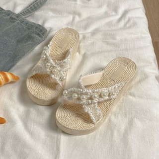 Phong cách nghỉ lễ nhẹ nhàng ~ Dép xỏ ngón nơ đế dày 5cm cho nữ mặc như áo khoác ngoài, dép đi b
