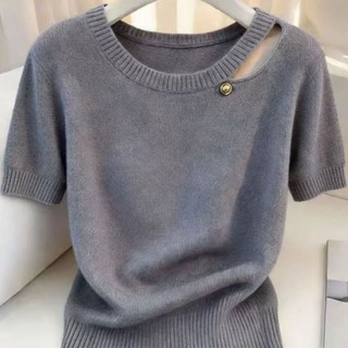 Áo len dệt kim màu tím độc đáo và đẹp mới giảm béo dopamin rỗng tay ngắn