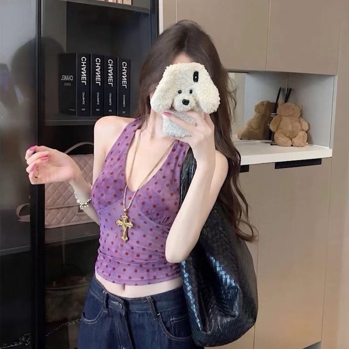 Màu Sắc Cầu Vồng Hot Girl Chấm Bi Yếm Mùa Hè Mới Hở Lưng Đi Kèm Với Miếng Lót Ngực Ôm Vừa Vặn