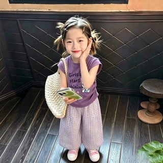 Bộ đồ mùa hè cho bé gái Áo vest hoạt hình phong cách Hàn Quốc Quần kẻ sọc Bộ hai mảnh siêu dễ thươn