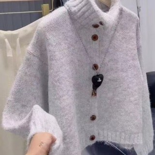 cổ cao dệt kim lười áo khoác mùa thu đông mới áo len đơn ngực cardigan màu trơn áo len dệt kim