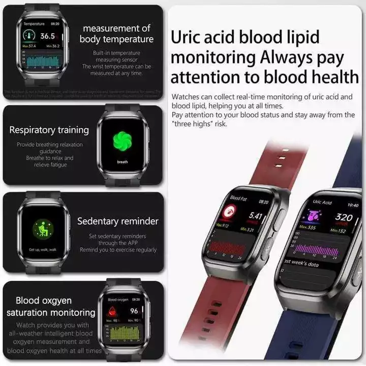 Đồng loại bơm + túi khí đo huyết áp, ECG+PPG, mỡ máu, axit uric, đồng hồ thông minh theo dõi khỏe, chăm sóc sức khỏe – 5
