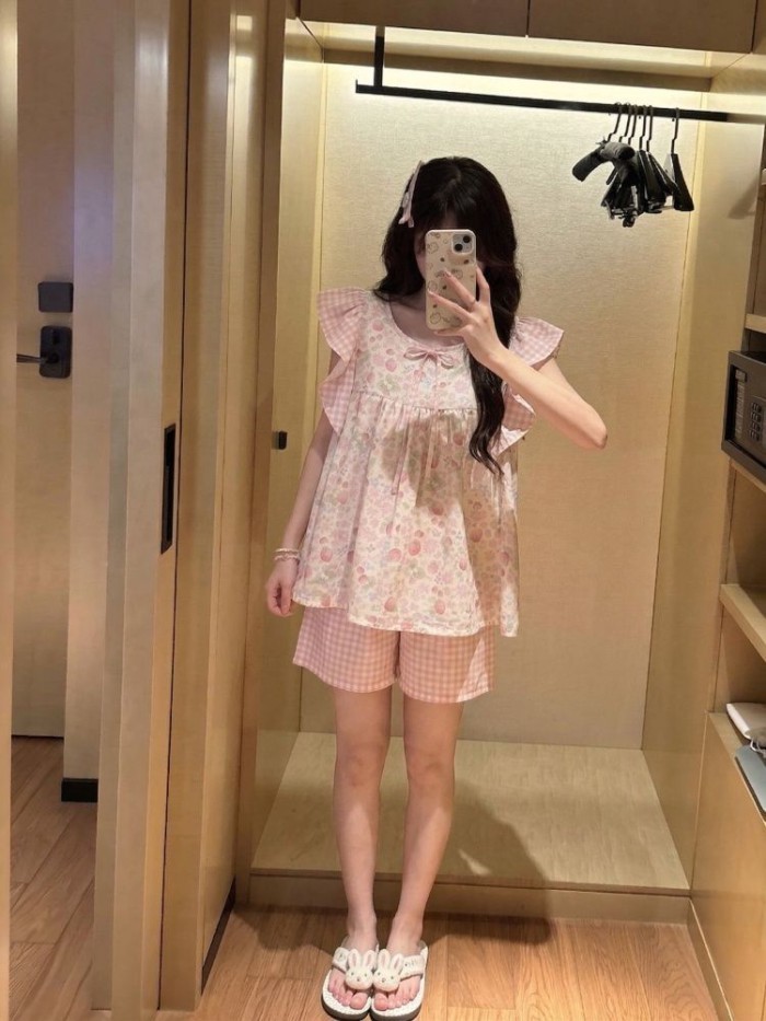 Bộ Đồ Ngủ Nữ Tay Feifei Dễ Thương Cho Nữ Mùa Hè Mỏng Và Ngọt Ngào Nữ Tính Feifei Tay Quần Short Kẻ