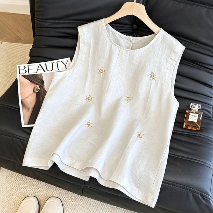 Mùa hè đi làm công nghiệp nặng áo vest không tay bằng vải cotton và lanh thêu dành cho nữ mùa săn v