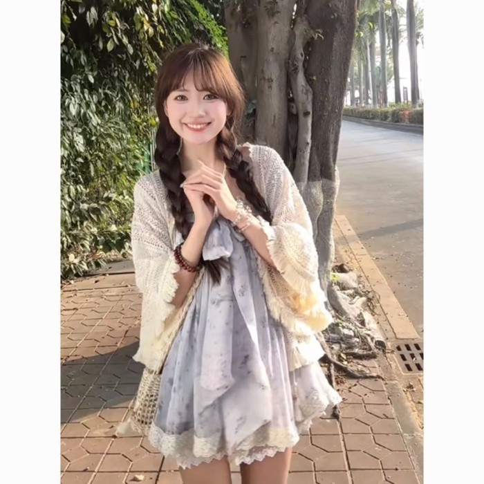Xuân Hè Váy Hoa Tím Ngọt Ngào Phong Cách Dễ Thương Và Ngọt Ngào Áo Cardigan Ren Nữ Ngày Lễ