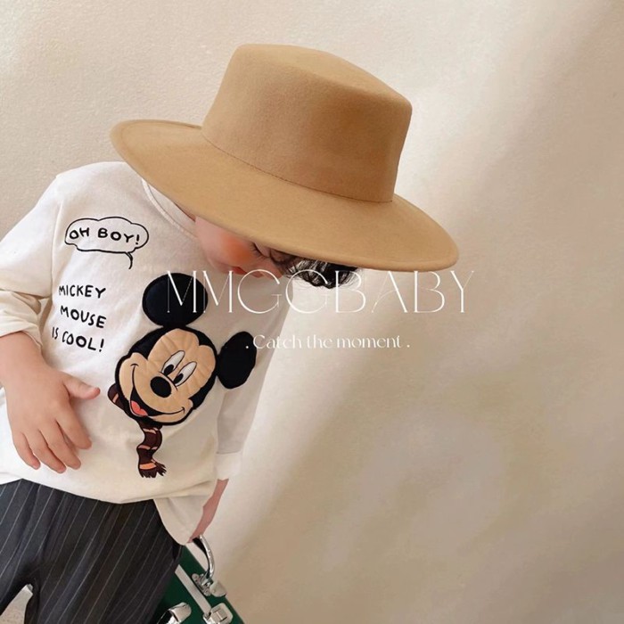Áo thun cotton nguyên chất cho bé trai và bé gái, áo dài tay thêu miếng vá, hoạt hình Mickey,