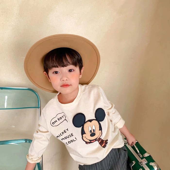 Áo thun cotton nguyên chất cho bé trai và bé gái, áo dài tay thêu miếng vá, hoạt hình Mickey,