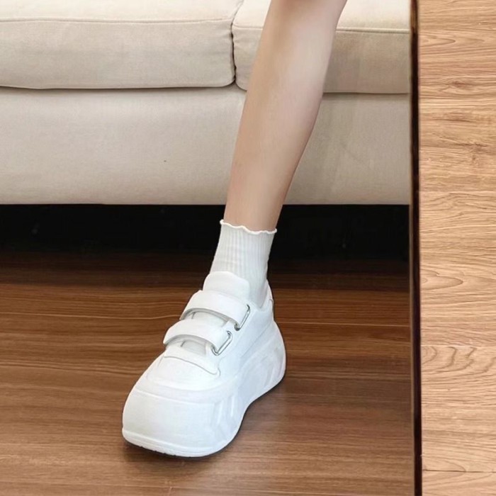 Giày trắng đế dày, giày Velcro tăng chiều cao, giày thể thao mũi tròn đa năng cho nữ, giày thể thao