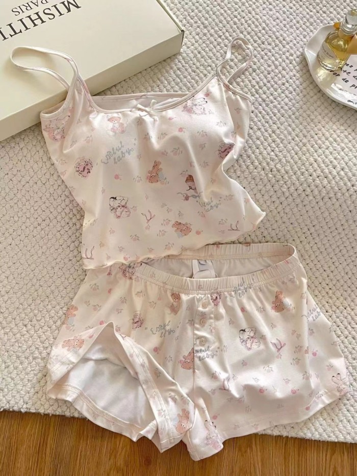 Bộ đồ ngủ treo hình gấu hoa nữ tính ngọt ngào Phong cách mỏng manh của phụ nữ có thể mặc được
