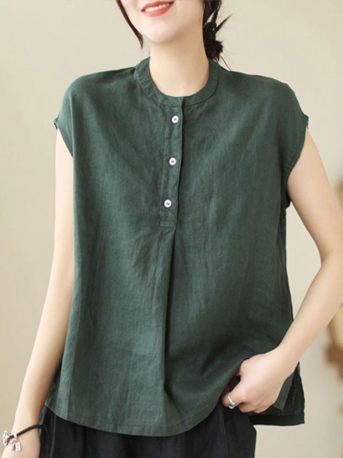 Áo thun cotton và lanh không tay mùa hè dành cho nữ cỡ lớn vải lanh nữ mặc mùa hè rộng rãi