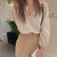 thiết kế đèn lồng mùa xuân retro chấm bi Pháp áo sơ mi voan áo sơ mi dài tay dáng rộng phong