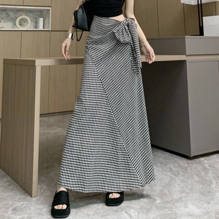 Váy dài kẻ sọc thắt lưng kiểu Pháp dài mùa hè khí chất mới váy dài