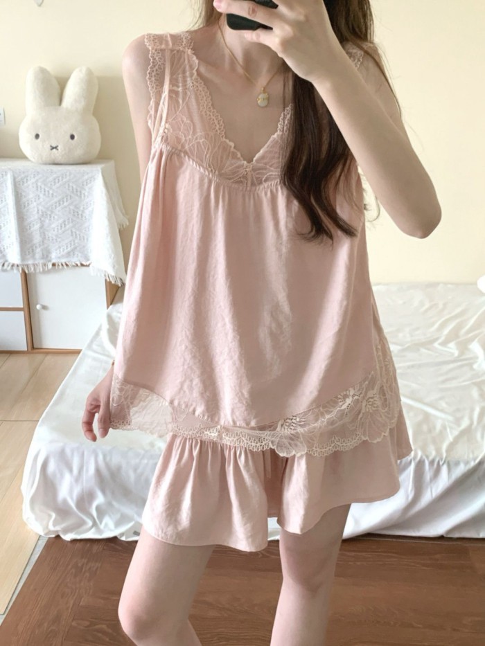Bộ Đồ Ngủ Ren Ngọt Ngào Mùa Hè Cho Nữ Phong Cách Mùa Hè Mới Áo Vest Quần Short Bộ Quần Áo Ở Nhà