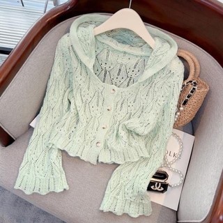 Mới Phong Cách Pháp Mỏng Cao Cấp Dệt Kim Cardigan Có Mũ Trùm Đầu Nhẹ Nhàng Rỗng Kem Chống Nắn