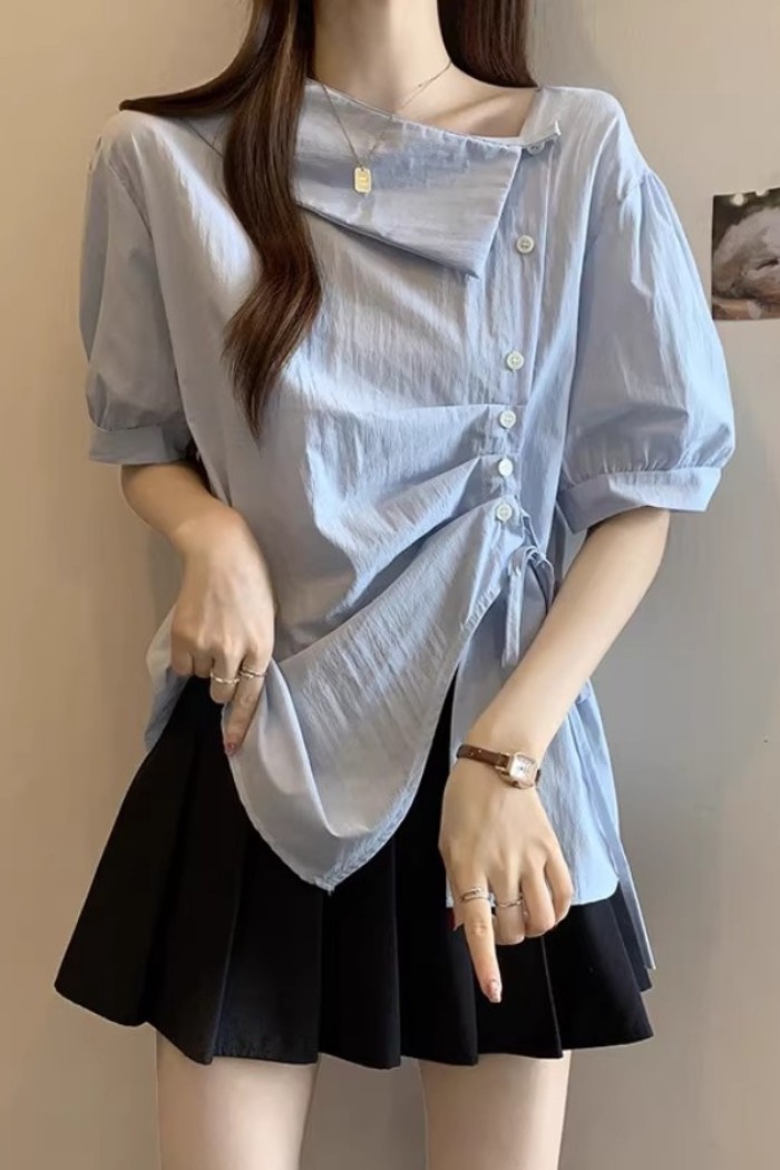 Lan ~ Áo Sơ Mi Tay Ngắn Không Đều Pháp Mùa Hè Mỏng Hơn Nhìn Mới Hàng Đầu Thiết Kế Thời Trang Phối Ren Bong Bóng Eo hẹp