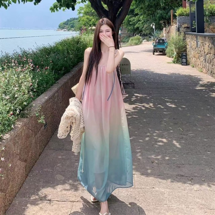 Sweet Holiday Style Gradient Dress For Women Summer New Seaside Loose And Age-reducing Design