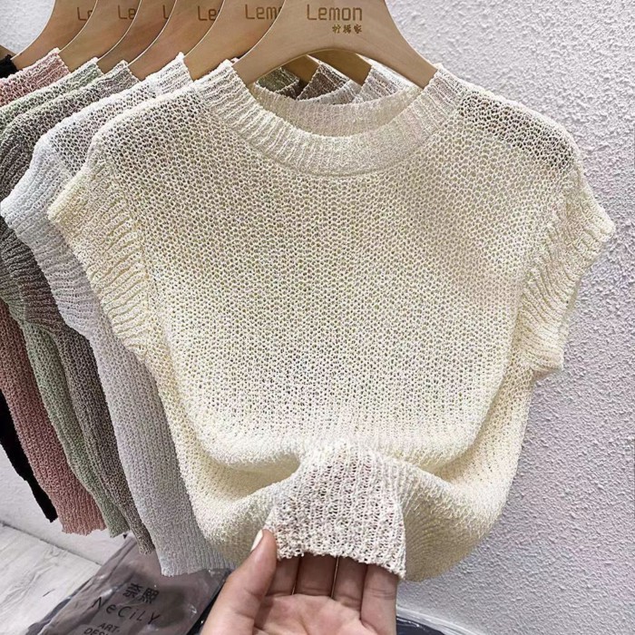 Áo len ngắn tay mùa hè mới, thiết kế cải tiến nữ tính, áo len men lỗ rỗng