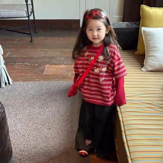 Quần áo trẻ em HelloKitty Áo thun bé gái dài tay giả hai mảnh cotton nguyên chất sọc đỏ