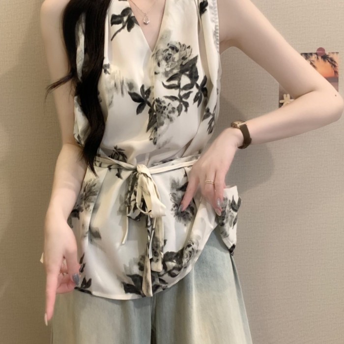 Lan ~ Áo Sơ Mi Cổ Chữ V Không Tay Cổ Chữ V Áo Sơ Mi Nữ Mặc Ngoài Mùa Hè Plus Kích Thước Béo mm Mỏng Hơn Nhìn Phối Ren-Waist Retro Mực Tranh Top