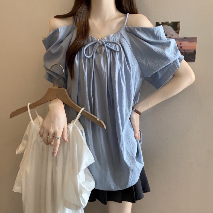 Lan ~ Kích Thước Lớn Dây Rút Sling Một Vai Áo Sơ Mi Nữ Mùa Hè Phong Cách Mới Béo mm Rời Mỏng Hơn Nhìn Thời Trang Tất Cả @